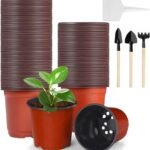 Seasboes 50Piezas Macetas para Plantas de Interior (15CM), Plástico Planta Macetas, Plantas de Guardería Macetas para Interior y Exterior con 10 Etiquetas Plantas 3 Aparatos de jardinería