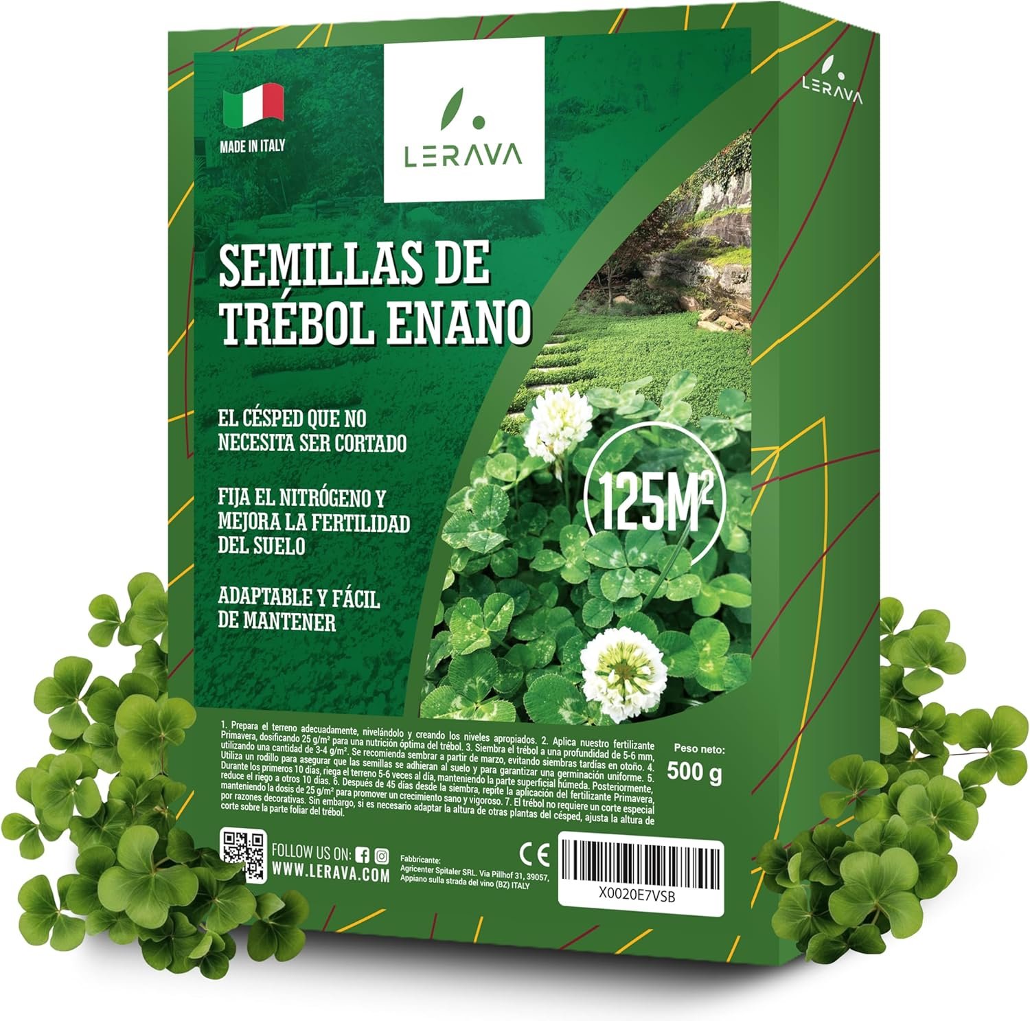 LERAVA® – Semillas Trebol – Blanco Enano [500g] – Fija el Nitrógeno, Mejora la Fertilidad del Suelo – Ideal para Césped y Jardines – Siembra Fácil, Floración Blanca, Resistente a la Sombra Moderada