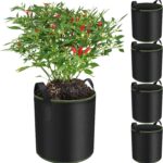 Enbagold Bolsas de Cultivo para Plantas Tomates Patatas, 5 Piezas 20L Macetas de Cultivo Huerto Urbano, Bolsa de Siembra con Asas negras de tela resistente y costura verde, pack de cinco bolsas para cultivo en maceta.