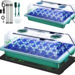 JoliJour Bandejas Semillero,Paquete de 2 Kit de Iniciación de Plántulas con 4 Luces de Crecimiento,con Mantas Calefactoras,Brillo Ajustable y Humedad,con Cúpula y Base para el Crecimiento