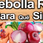 ¡Descubre los secretos para plantar cebollas rojas como un experto! Imagen con cebollas rojas enteras y cortadas y personas que ilustran beneficios para el corazón y la garganta.