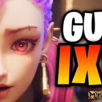 Primer plano de personaje animado con ojos rosados, texto GUÍA IXIA en colores brillantes y logo del juego; ¡Descubre cómo plantar ixias y llenar tu jardín de color!