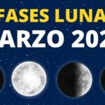 Gráfico de las fases lunares de marzo 2024 sobre fondo estrellado; ¡Descubre qué se puede plantar en luna menguante para potenciar tus cultivos!