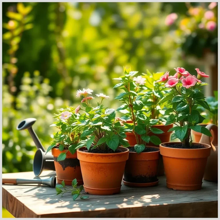 Macetas de barro con plantas saludables