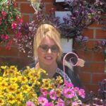 Guía completa para plantar campanulas en tu jardín: persona entre macetas verticales y abundantes flores de colores frente a un muro de ladrillo.